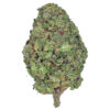 Close-up of a dense green cannabis bud with orange hairs and trichomes on a white background.