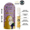 Ape Gold vape cartridge with details on ceramic mouthpiece, stainless steel, glass, and ceramic heating coil features.