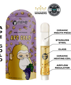 Ape Gold vape cartridge with details on ceramic mouthpiece, stainless steel, glass, and ceramic heating coil features.