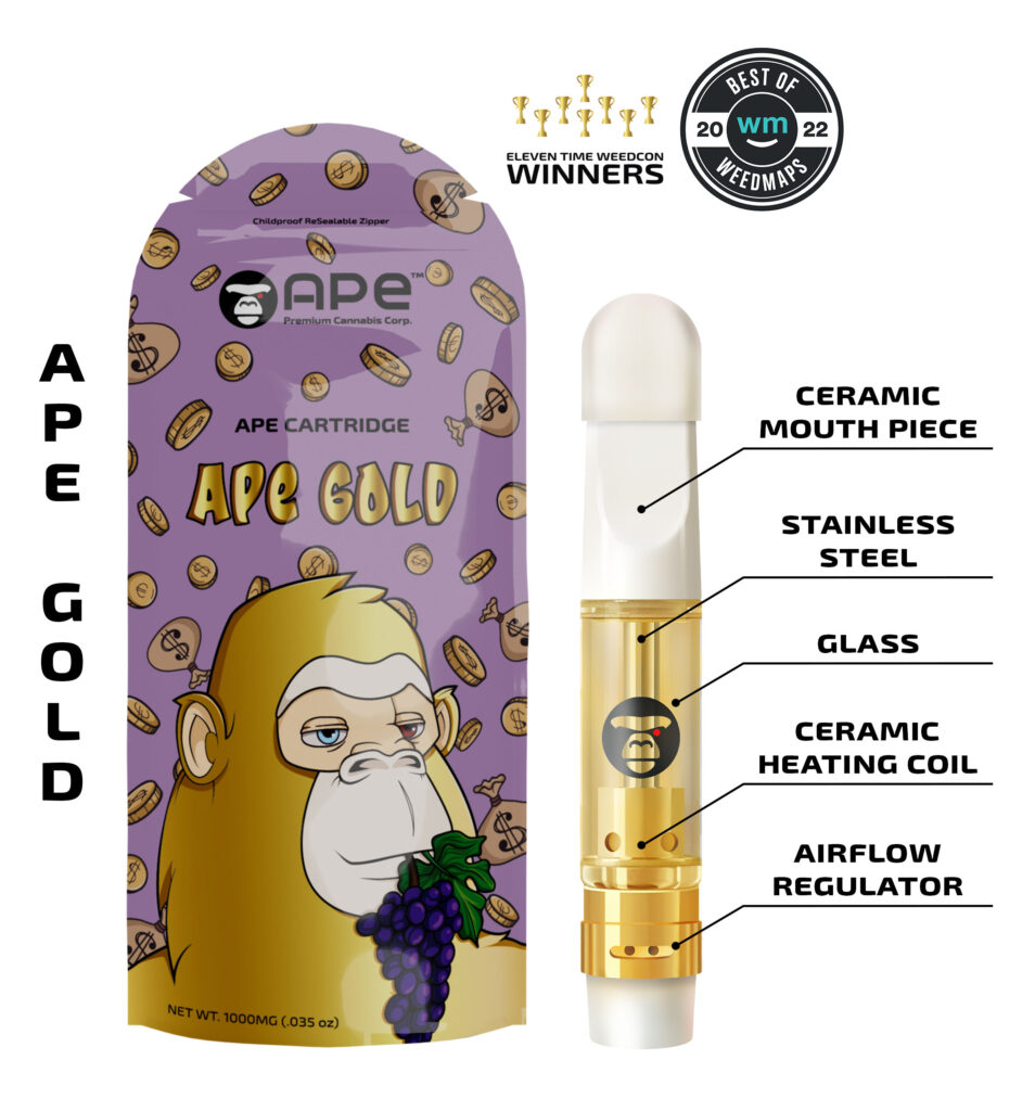 Ape Gold vape cartridge with details on ceramic mouthpiece, stainless steel, glass, and ceramic heating coil features.