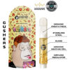 Ape Gushers vape cartridge packaging, highlighting ceramic mouthpiece, stainless steel, glass, ceramic heating coil.