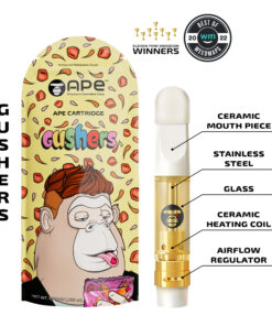 Ape Gushers vape cartridge packaging, highlighting ceramic mouthpiece, stainless steel, glass, ceramic heating coil.