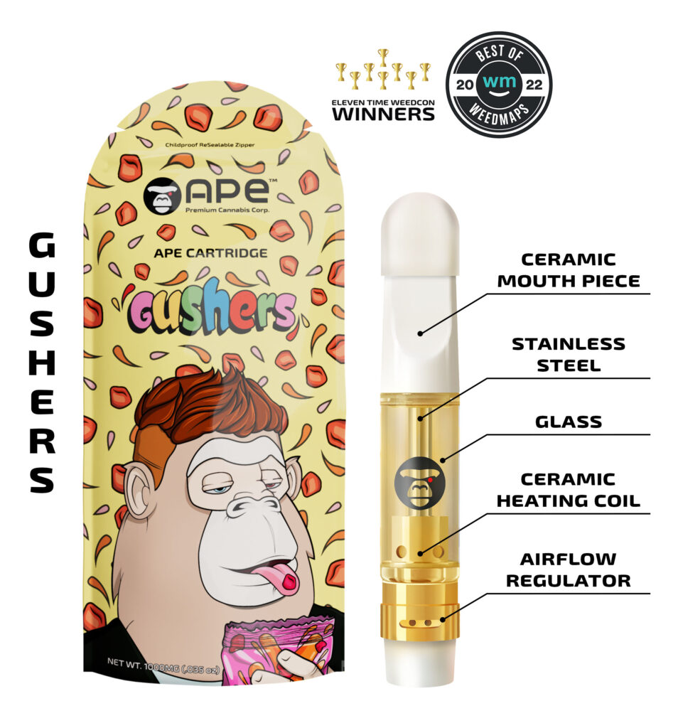 Ape Gushers vape cartridge packaging, highlighting ceramic mouthpiece, stainless steel, glass, ceramic heating coil.