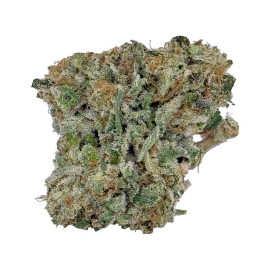 Close-up of a frosty, green cannabis bud with orange hairs, highlighting its vibrant texture and details.
