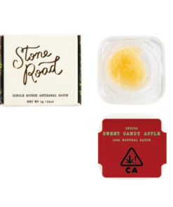 Stone Road Indica Sweet Candy Apple Sauce, 1g container, organic cannabis concentrate packaging.