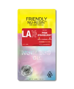 Friendly Nu-Resin 510 cartridge packaging, featuring LAX Pink Starburst Sativa, 91.30% cannabinoids, 1000mg.
