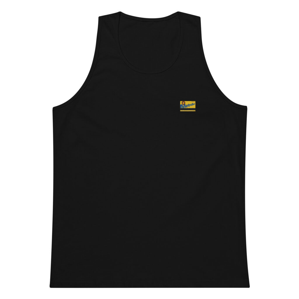 Black tank top with a small colorful logo on the upper left chest area. Simple and stylish design.