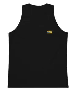 Black tank top with a small colorful logo on the upper left chest area. Simple and stylish design.