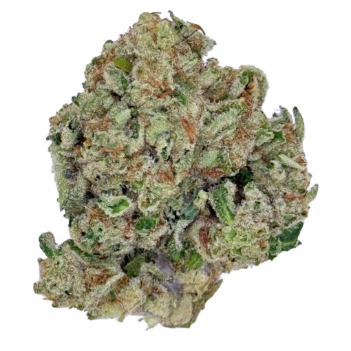 Close-up of a cannabis bud with green and orange hues, showcasing its dense texture and crystal trichomes.