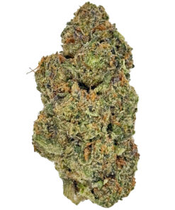 Close-up of a dense, green cannabis bud with orange hairs and frosty trichomes.