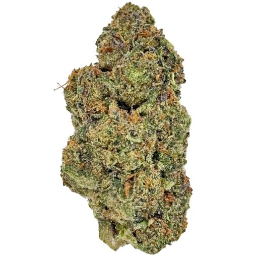 Close-up of a dense, green cannabis bud with orange hairs and frosty trichomes.