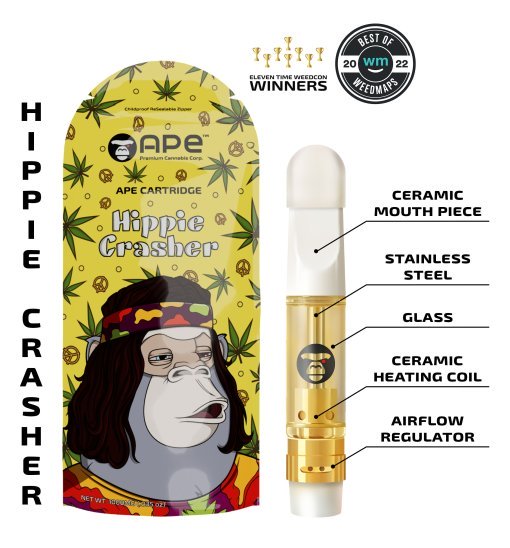 Hippie Crasher vape cartridge by APE, with ceramic mouthpiece and heating coil, stainless steel, and glass design.