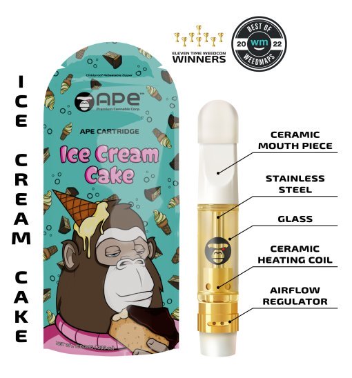 Ice Cream Cake - 1g Live Resin Cartridge | APE 1 Ape Cartridge Ice Cream Cake packaging and features, including ceramic mouthpiece and glass design. Eleven-time Weedcon winner.