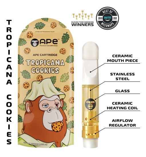 Tropicana Cookies - 1g Live Resin Cartridge | APE 1 Tropicana Cookies vape cartridge by Ape featuring ceramic mouthpiece, stainless steel, and glass design.