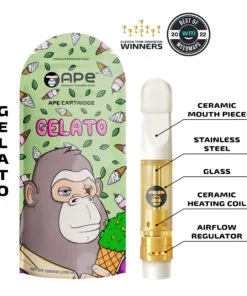 Gelato vape cartridge by Ape, featuring ceramic and stainless steel components. Award-winning cannabis product packaging.
