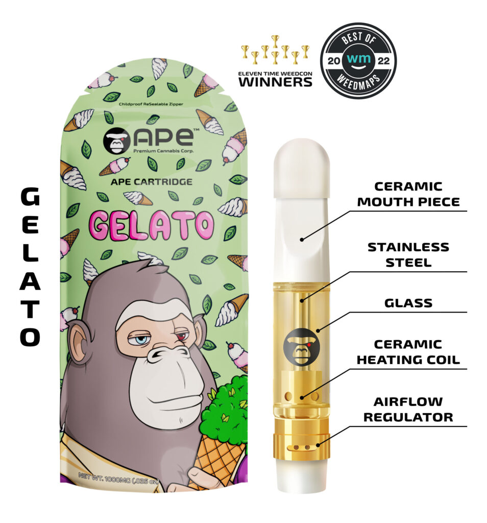 Gelato vape cartridge by Ape, featuring ceramic and stainless steel components. Award-winning cannabis product packaging.