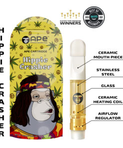 Hippie Crasher vape cartridge by APE, with ceramic mouthpiece and heating coil, stainless steel, and glass design.