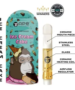 Ape Cartridge Ice Cream Cake packaging and features, including ceramic mouthpiece and glass design. Eleven-time Weedcon winner.