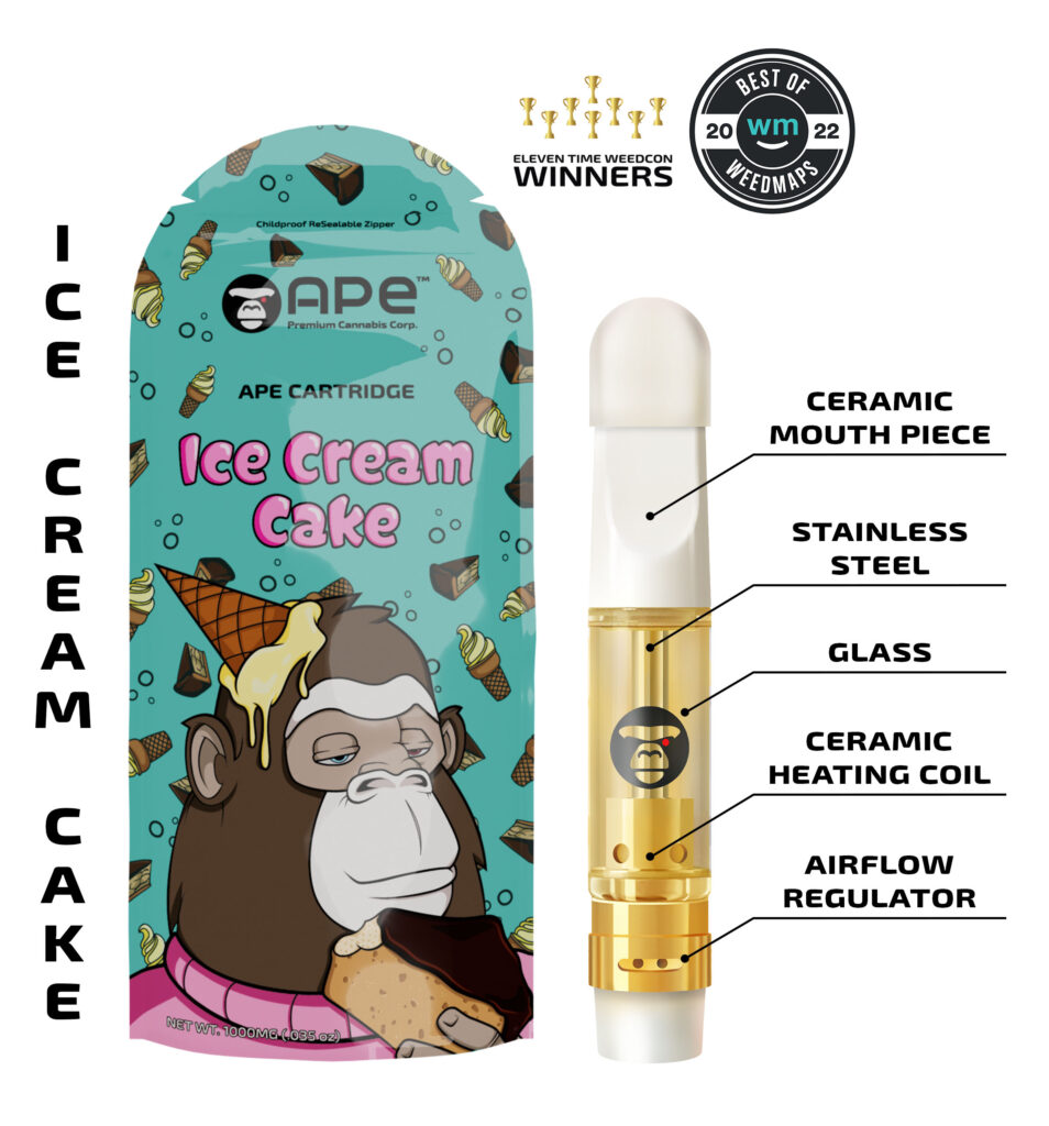 Ape Cartridge Ice Cream Cake packaging and features, including ceramic mouthpiece and glass design. Eleven-time Weedcon winner.
