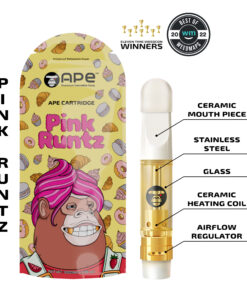 Pink Runtz vape cartridge packaging with ceramic and stainless steel parts, showing components and design details.