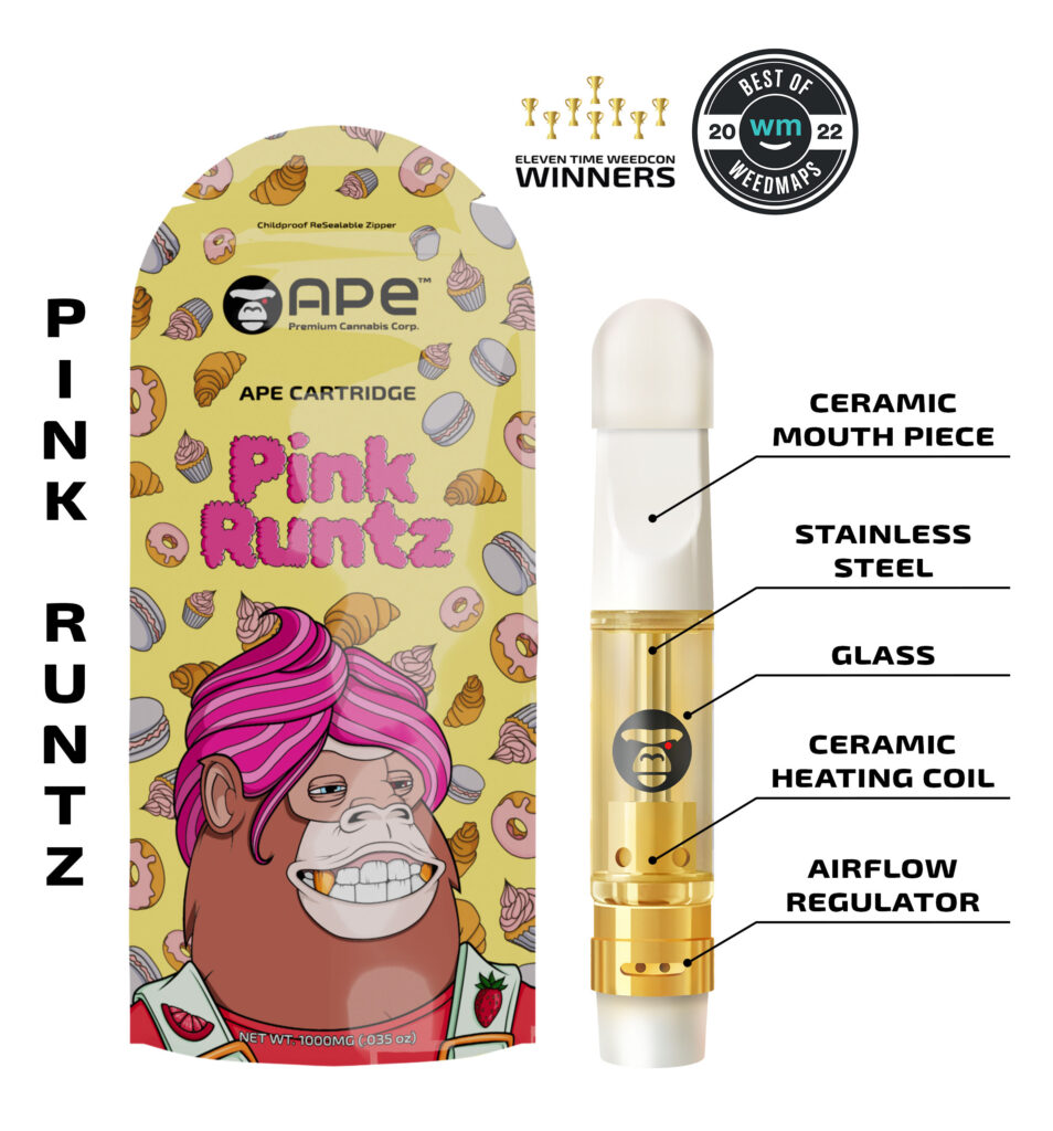 Pink Runtz vape cartridge packaging with ceramic and stainless steel parts, showing components and design details.
