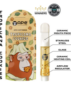 Tropicana Cookies vape cartridge by Ape featuring ceramic mouthpiece, stainless steel, and glass design.
