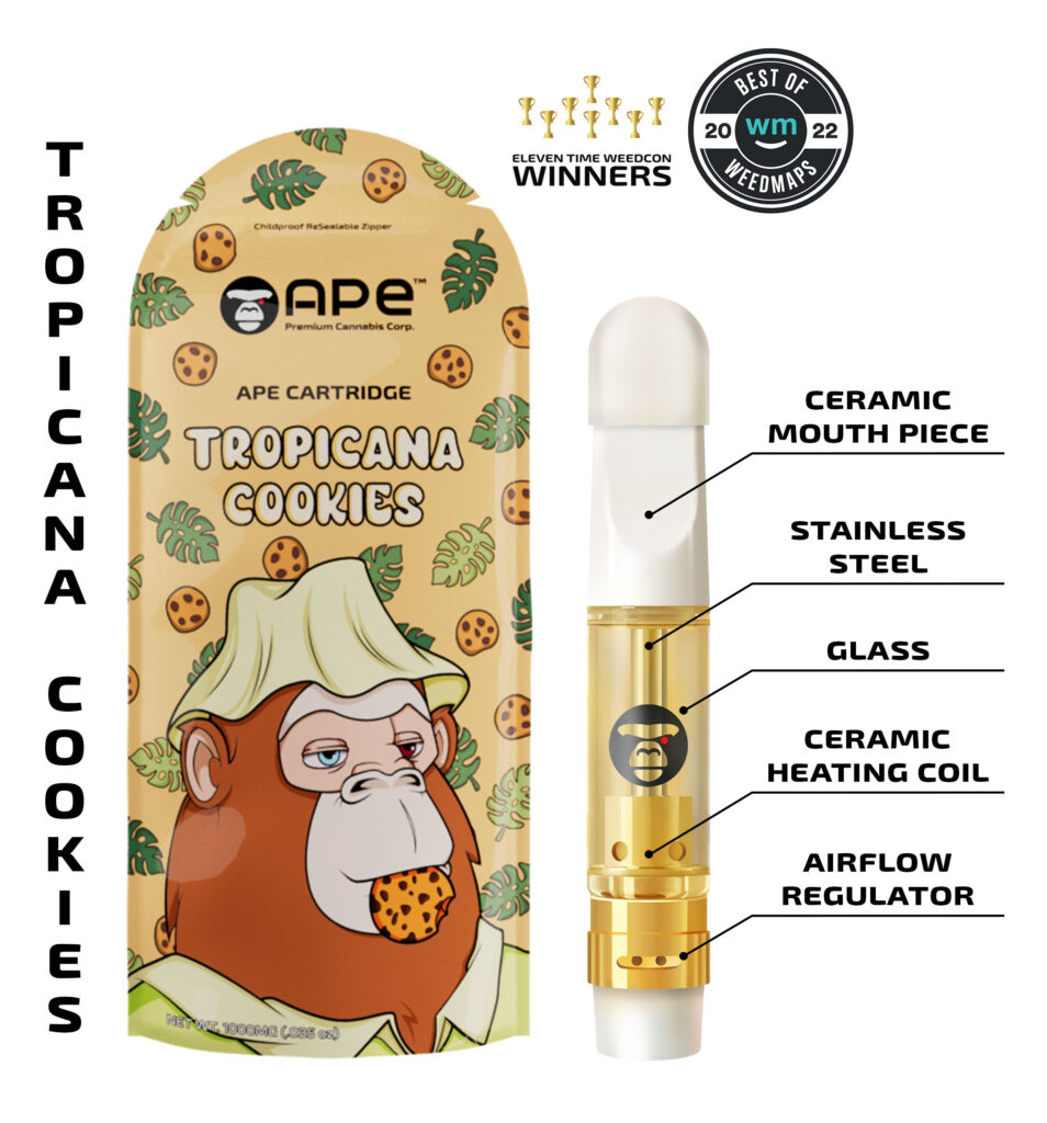 Tropicana Cookies vape cartridge by Ape featuring ceramic mouthpiece, stainless steel, and glass design.