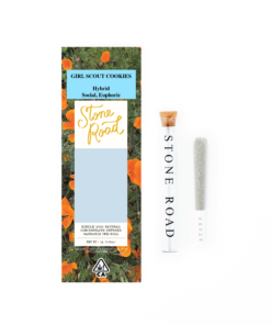 Stone Road Girl Scout Cookies hybrid cannabis package with pre-roll and glass tube on white background.