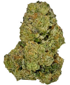 Close-up of a dense, green cannabis bud with visible trichomes and orange pistils, isolated on white background.