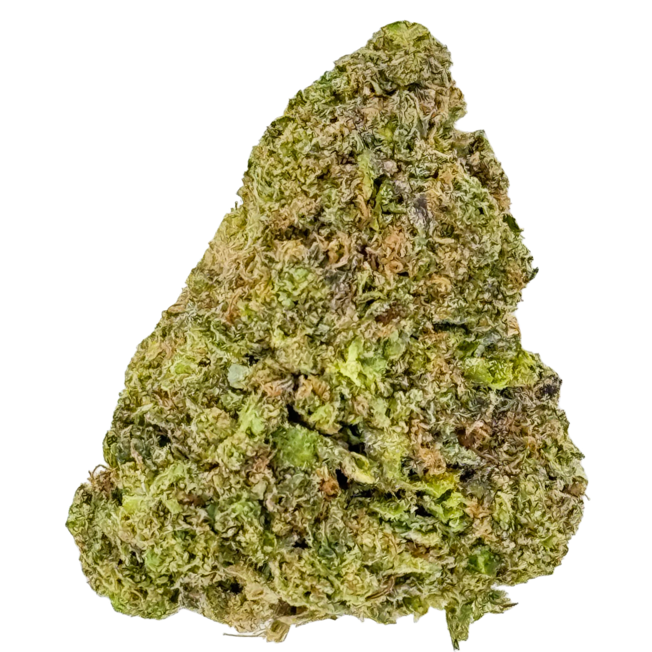 Close-up of a green cannabis bud isolated on white, showcasing detailed texture and vibrant colors.