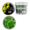 Green apple flavored live rosin gummies in clear containers, featuring sugar-coated squares.
