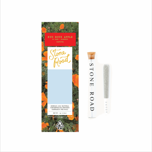 Stone Road NYC Sour Apple cannabis pre-roll in branded packaging with vibrant floral design.