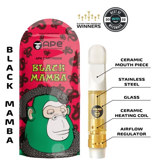 Black Mamba vape cartridge by Ape, featuring ceramic mouthpiece and glass construction for premium cannabis experience.