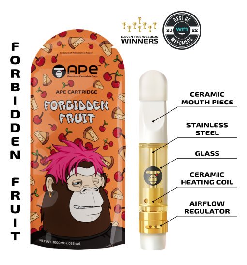 Cannabis vape cartridge Forbidden Fruit by Ape, featuring ceramic mouthpiece, glass body, and airflow regulator.