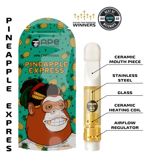 Ape Pineapple Express vape cartridge with detailed features, vibrant packaging, and multiple awards shown.