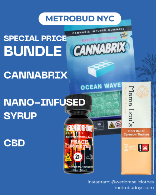 Cannabis product bundle including Cannabrix gummies, nano-infused syrup, and CBD tincture from Metrobud NYC.