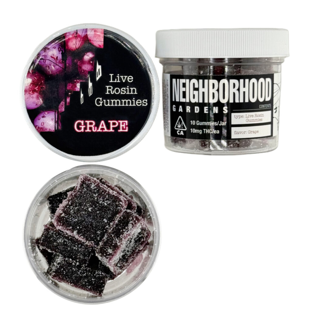 Grape-flavored live rosin gummies by Neighborhood Gardens in clear containers, showcasing dark, sugar-coated squares.