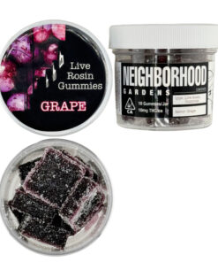 Grape-flavored live rosin gummies by Neighborhood Gardens in clear containers, showcasing dark, sugar-coated squares.