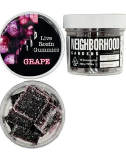 Grape-flavored live rosin gummies by Neighborhood Gardens in clear containers, showcasing dark, sugar-coated squares.