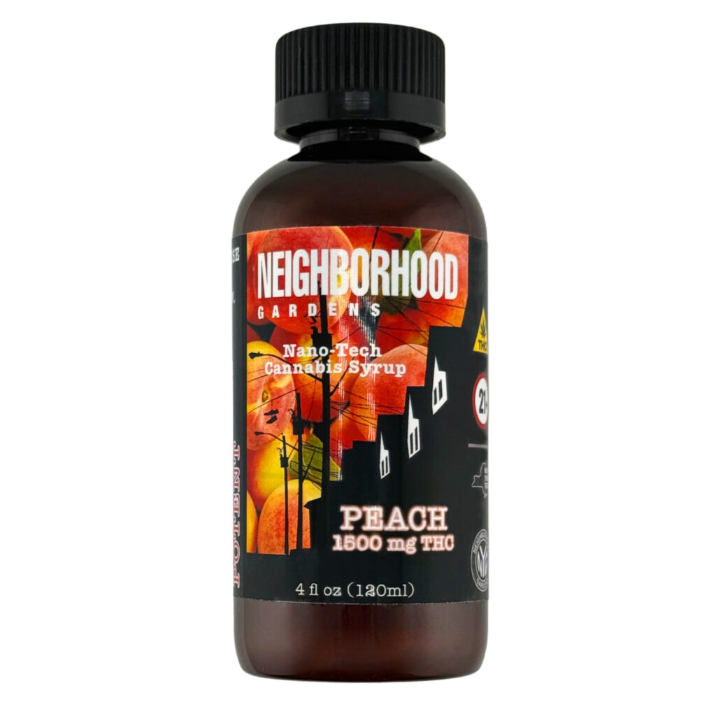 Peach-flavored Nano-Tech Cannabis Syrup, 1500 mg THC, by Neighborhood Gardens, in a 120ml bottle.