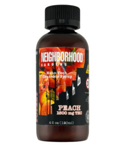 Peach-flavored Nano-Tech Cannabis Syrup, 1500 mg THC, by Neighborhood Gardens, in a 120ml bottle.