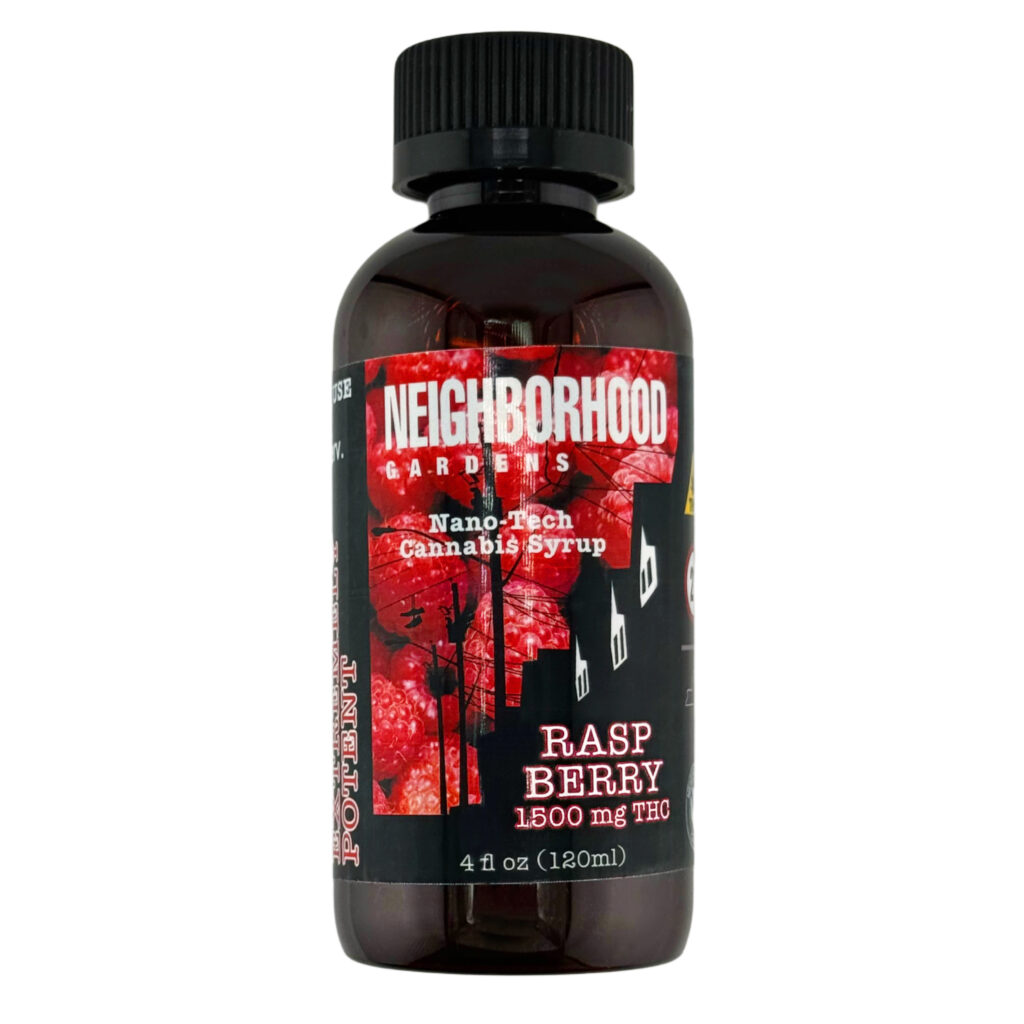 Raspberry-flavored nano-tech cannabis syrup bottle, 1500mg THC, Neighborhood Gardens, 4 fl oz (120ml).