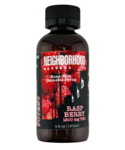 Raspberry-flavored nano-tech cannabis syrup bottle, 1500mg THC, Neighborhood Gardens, 4 fl oz (120ml).