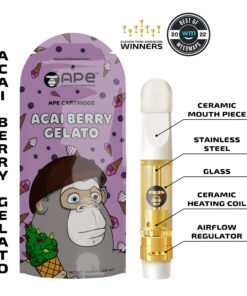 Acai Berry Gelato vape cartridge packaging, featuring a detailed breakdown of components including ceramic and stainless steel parts.