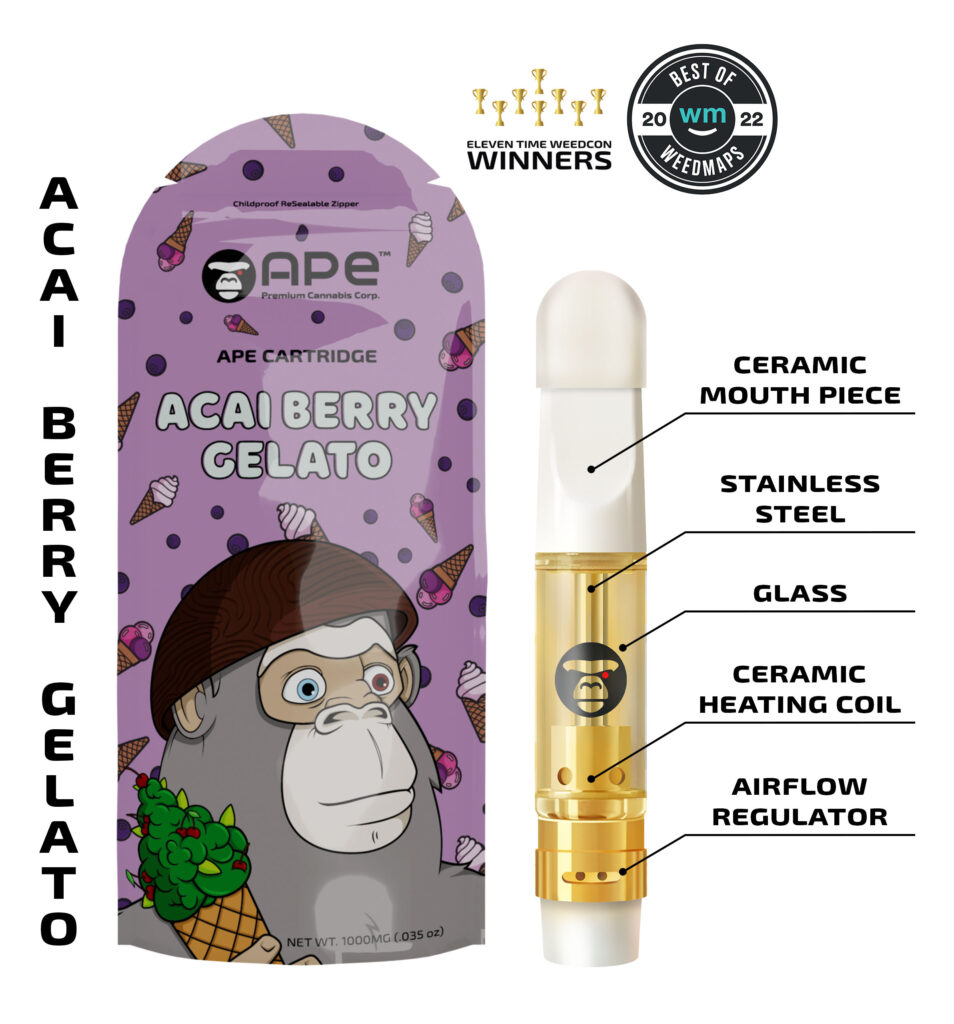 Acai Berry Gelato vape cartridge packaging, featuring a detailed breakdown of components including ceramic and stainless steel parts.