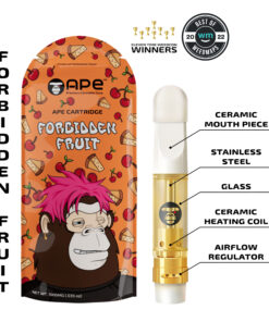Cannabis vape cartridge Forbidden Fruit by Ape, featuring ceramic mouthpiece, glass body, and airflow regulator.