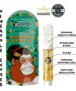 Ape Pineapple Express vape cartridge with detailed features, vibrant packaging, and multiple awards shown.