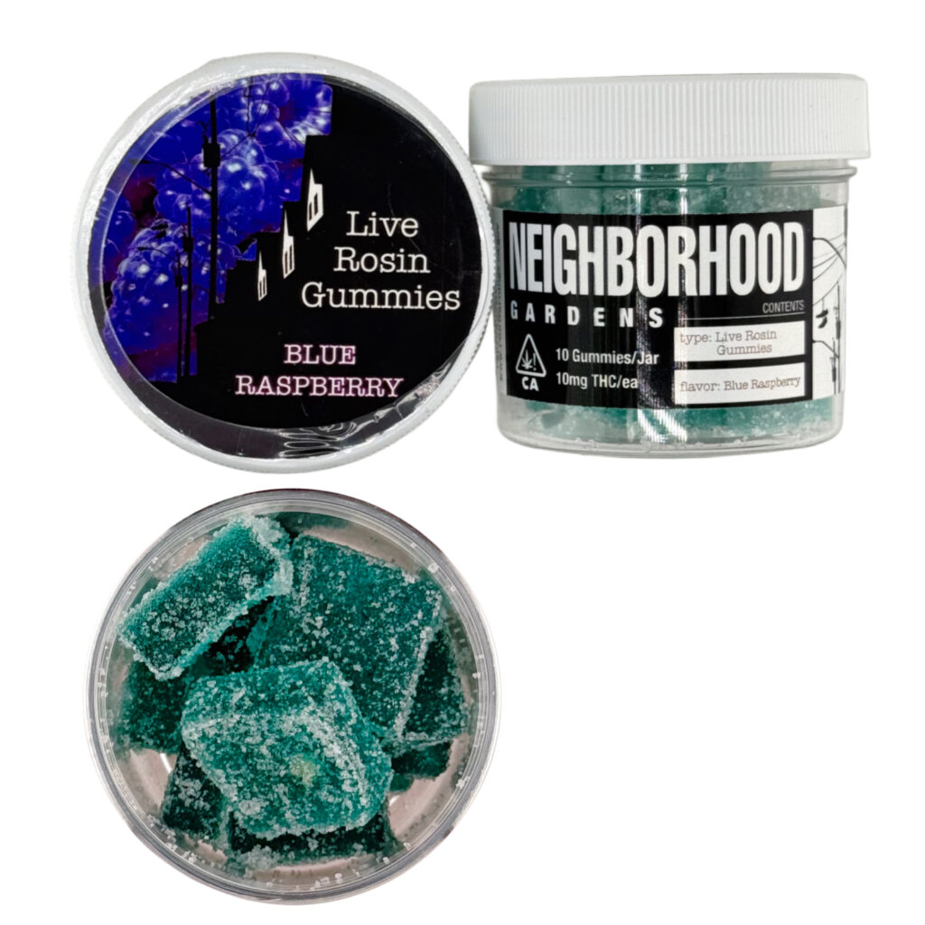 Live Rosin Gummies, Blue Raspberry flavor, in jars with visible gummy contents and brand labeling.