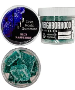 Live Rosin Gummies, Blue Raspberry flavor, in jars with visible gummy contents and brand labeling.
