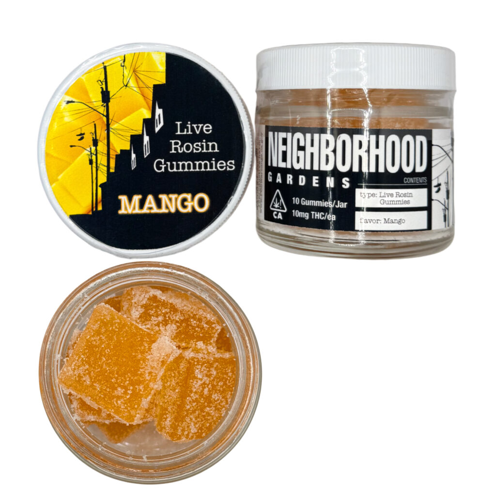 Mango flavored live rosin gummies in a jar by Neighborhood Gardens, 10mg THC per gummy.